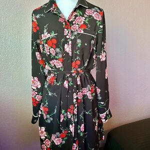 Forever 21 Black Long-Sleeve Floral Shirt Dress with Pink & Red Blooms